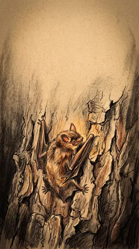 Charcoal Drawing of Bat on Bark