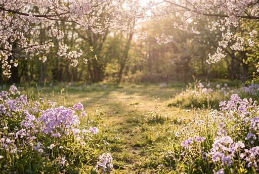 Sunlit Spring Meadow With Blossoming Branches