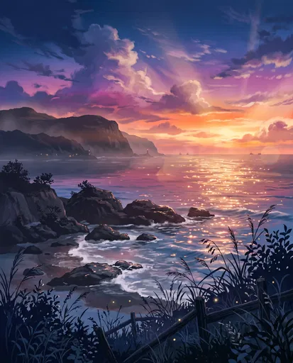 Anime Coastal Sunset Landscape Illustration