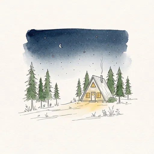 Watercolor Illustration of A-Frame Cabin at Night