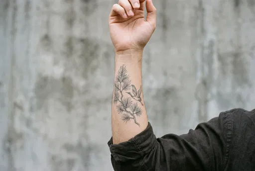 Forearm Tattoo of Pine Branch and Crane