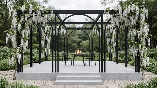 Modern Black Pavilion With White Wisteria