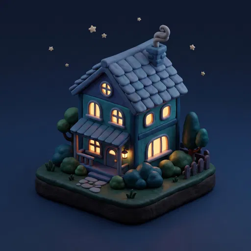 3D Clay Cartoon House at Night