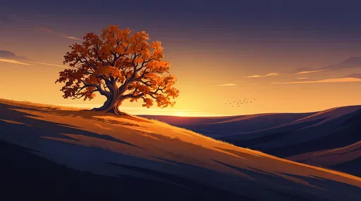 Solitary Autumn Oak Tree at Sunset