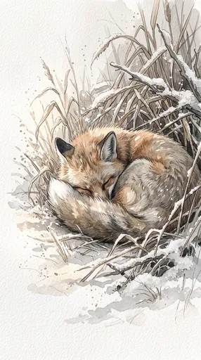 Watercolor Sleeping Fox in Winter Reeds