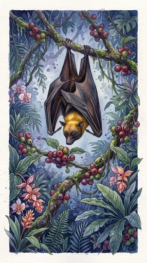 Watercolor Golden-Crowned Flying Fox in Rainforest