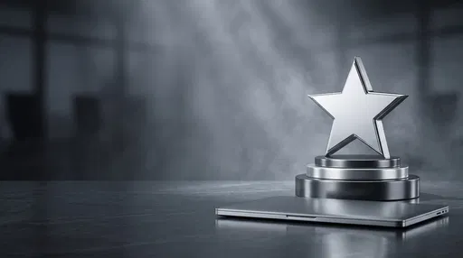 Silver Star Trophy and Closed Laptop