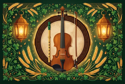 Irish Folk Instruments and Shamrock Frame Illustration