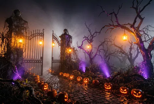 Spooky Gothic Gate with Glowing Pumpkins