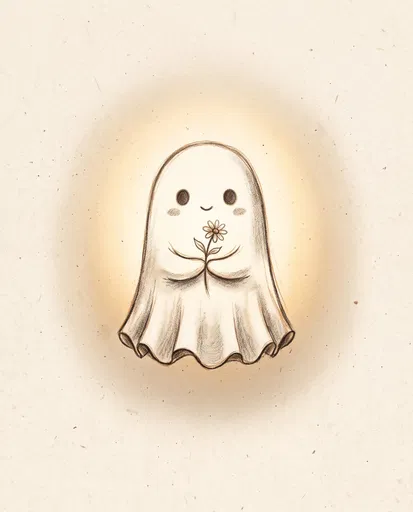 Cute Drawn Ghost Holding a Daisy