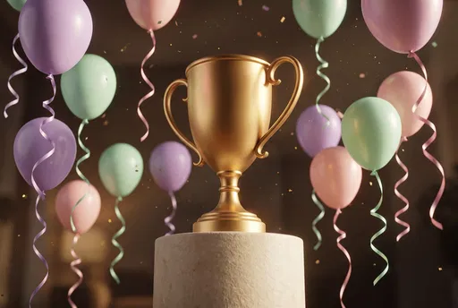 Gold Trophy on Pedestal with Balloons