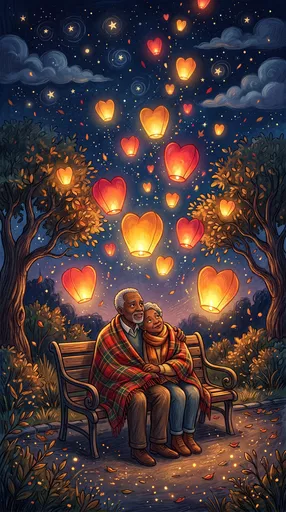 Senior Couple Watching Heart Lanterns at Night