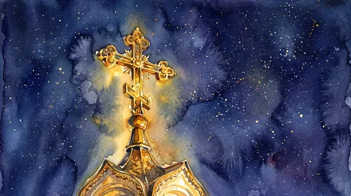 Watercolor Gilded Orthodox Cross at Night
