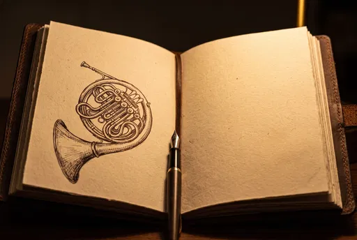 French Horn Sketch in Open Leather Notebook
