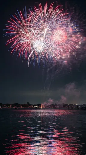 Patriotic Fireworks Over Nighttime Waterfront