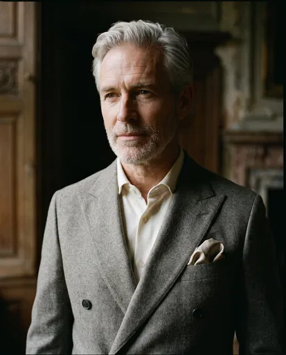 Mature Man in Grey Double-Breasted Blazer