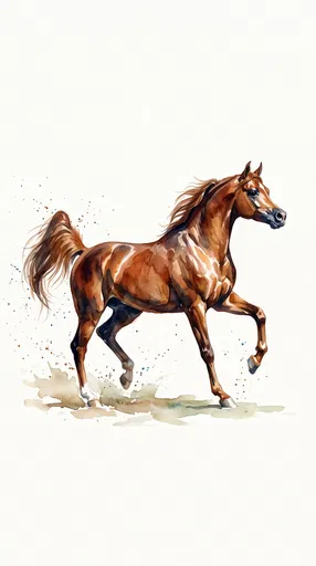 Watercolor Illustration of Prancing Chestnut Arabian Stallion