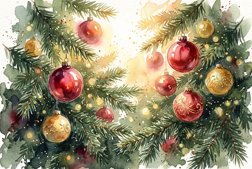 Watercolor Christmas Fir Branches and Ornaments