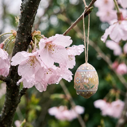 Wooden Easter Egg on Cherry Blossom Branch