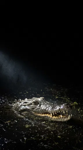 Crocodile Illuminated in Dark Swamp Water