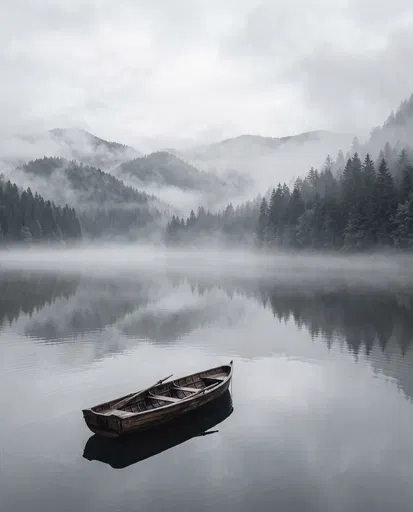 Wooden Rowboat on Misty Mountain Lake