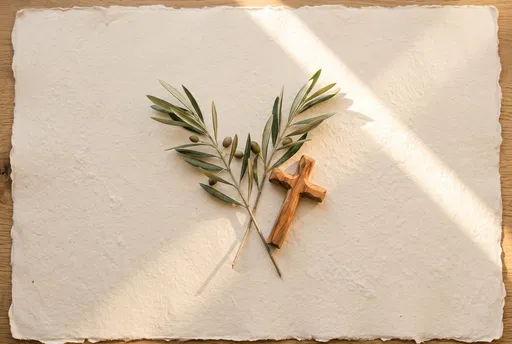 Wooden Cross and Olive Branches on Paper