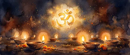 Watercolor Glowing Om Symbol Over Clay Diyas