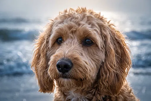 Apricot Miniature Goldendoodle Portrait on Beach
