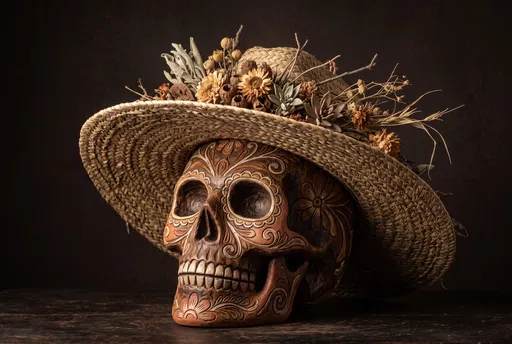 Carved Wooden Catrina Skull With Floral Hat