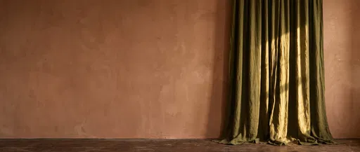 Olive Linen Drapery Against Terracotta Wall