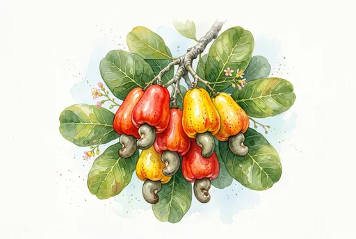 Botanical Watercolor Illustration of Cashew Apples