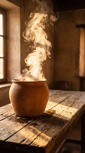 Steaming Terracotta Pot on Rustic Wooden Table