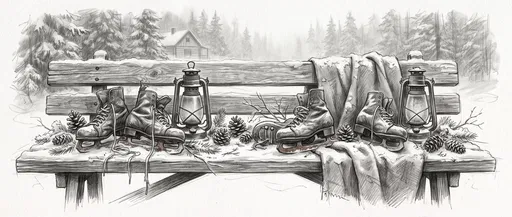 Pencil Sketch of Winter Skates on Bench