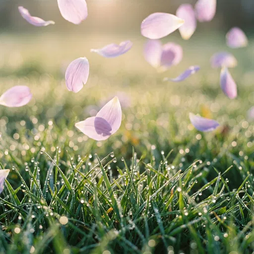 Lavender Petals Drifting Over Dewy Grass