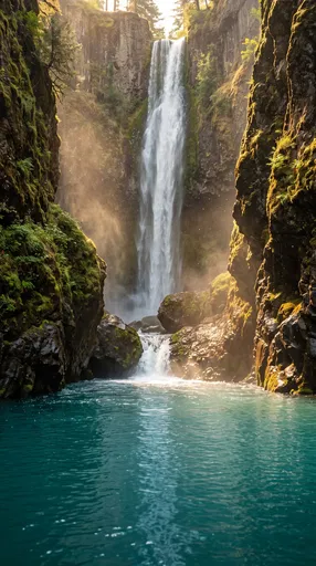 Sunlit Canyon Waterfall and Turquoise Pool