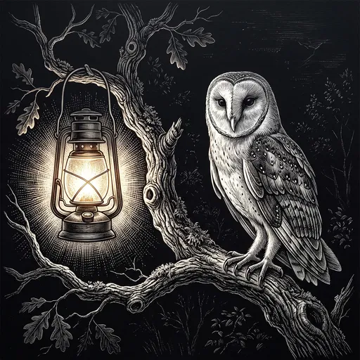 Scratchboard Barn Owl and Glowing Lantern