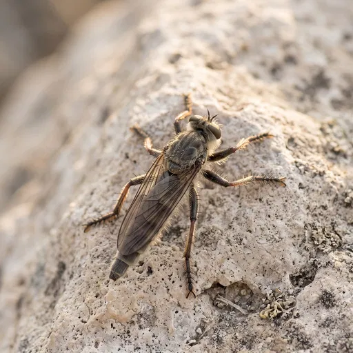 Macro Close-Up of Robber Fly on Stone