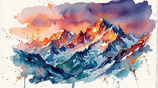 Watercolor Alpine Peaks in Sunset Alpenglow
