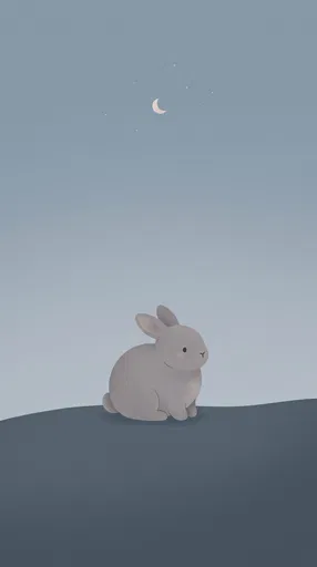 Minimalist Gray Bunny Under Crescent Moon