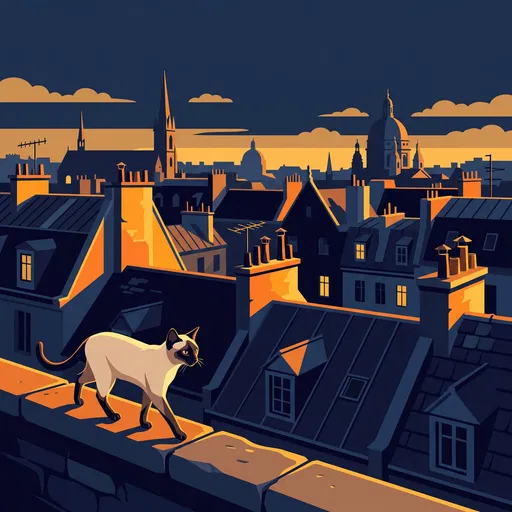Siamese Cat on Sunset European Rooftop