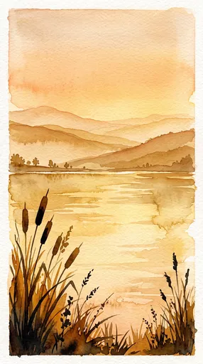 Warm Golden Watercolor Lake Sunset Landscape