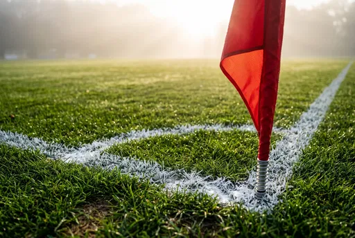 Red Corner Flag on Misty Soccer Pitch