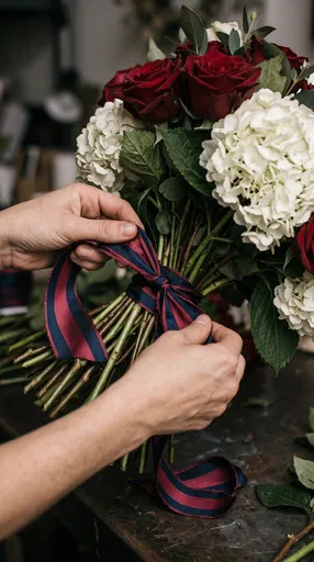 Hands Tying Striped Ribbon on Bouquet