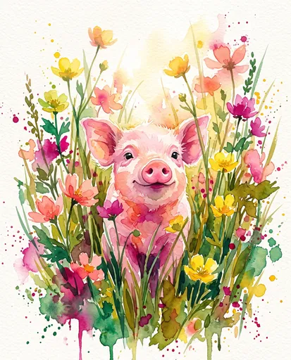 Watercolor Smiling Piglet in Spring Wildflowers