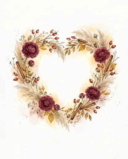 Watercolor Botanical Heart Wreath Illustration