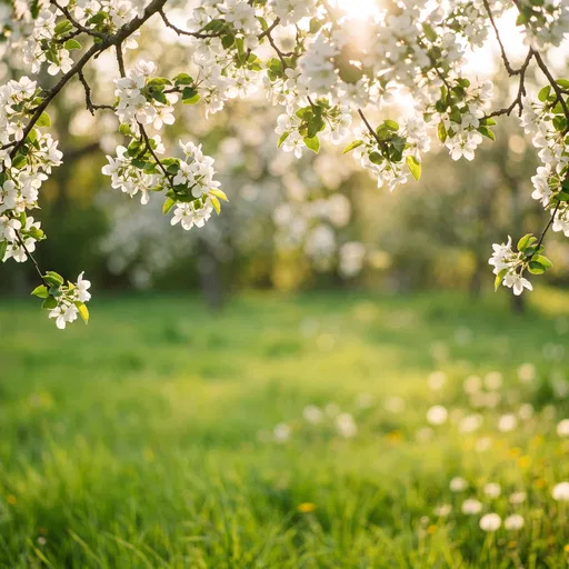 Sunlit Apple Blossoms Over Green Meadow