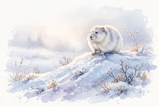 Watercolor Illustration of White Arctic Lemming