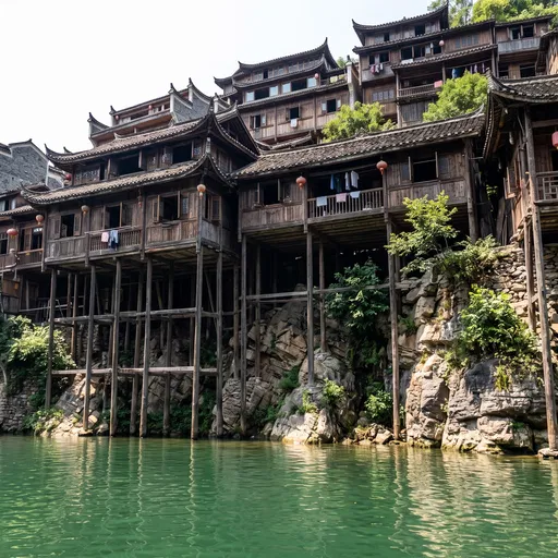 Traditional Wooden Stilt Houses on Rocky Riverbank