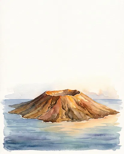 Watercolor Volcanic Island in Calm Ocean