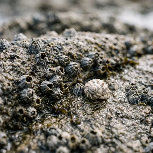 Spiral Seashell and Barnacles on Wet Rock